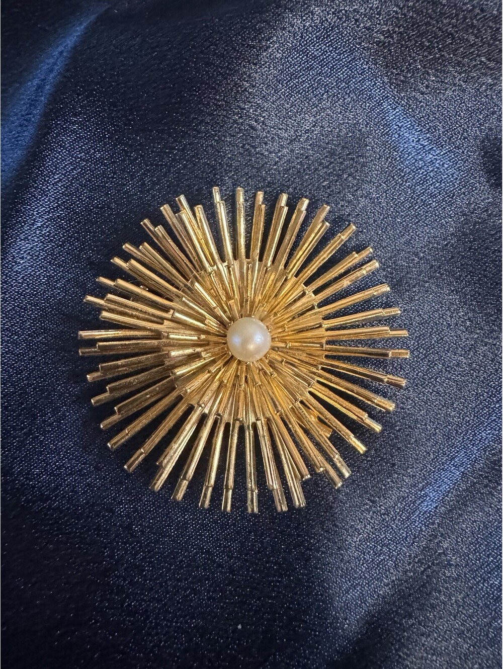 Vintage Gold Tone Atomic Starburst Brooch Faux Pearl Mid Century Modern Pin